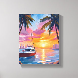 Miami Beach Boat Bay Sunset Watercolor Painting Canvas Print