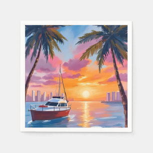 Miami Beach Boat Bay Sunset Watercolor Painting Napkins