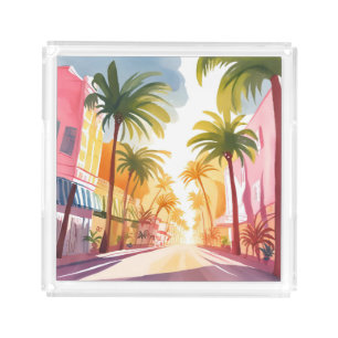 Miami Beach Bright Colorful Watercolor Painting Acrylic Tray