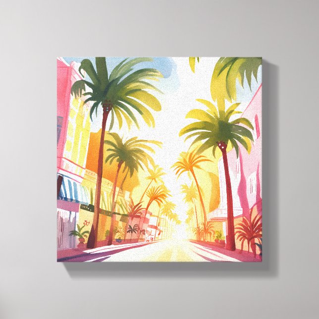 Miami Beach | Bright Colorful Watercolor Painting Canvas Print (Front)