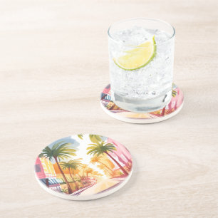 Miami Beach Bright Colorful Watercolor Painting Coaster