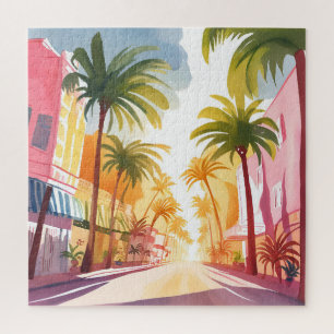 Miami Beach Bright Colorful Watercolor Painting Jigsaw Puzzle