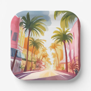 Miami Beach Bright Colorful Watercolor Painting Paper Plates