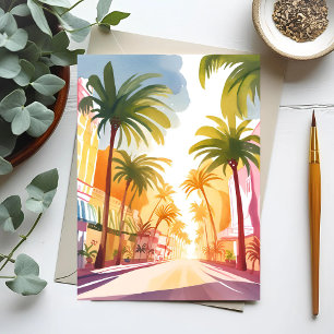 Miami Beach Bright Colorful Watercolor Painting Postcard