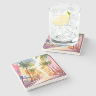 Miami Beach Bright Colorful Watercolor Painting Stone Coaster