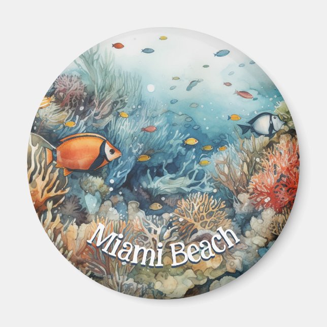 Miami Beach coral reef and fishes watercolor Magnet (Front)