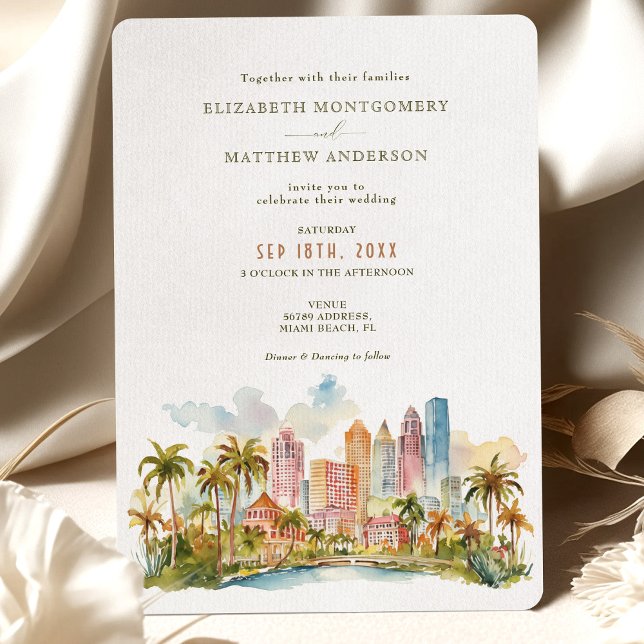 Miami Beach Destination with Watercolor Skyline Invitation (Creator Uploaded)
