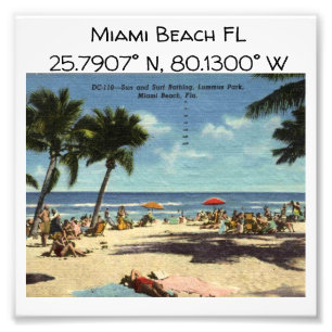 Miami Beach FL Map Coordinates Vintage Style Photo Print