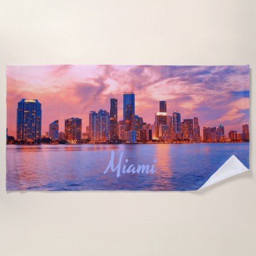 Miami Beach Florida City Skyline Beach Towel