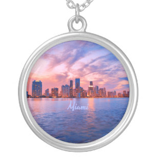 Miami Beach Florida City Skyline Silver Plated Necklace
