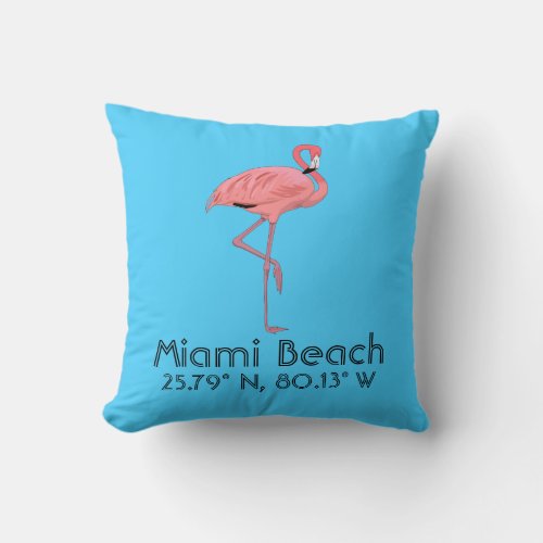 Miami Beach Florida Flamingo Latitude Longitude Throw Pillow