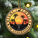 Miami Beach Florida Retro Sunset Palm Tree 80s Ceramic Ornament<br><div class="desc">Miami Beach Florida Vintage 60s Souvenirs. Miami Beach Florida - Retro Tropical Palm Tree 60s Souvenirs Vintage design makes a great Christmas or Birthday gift for fans of Miami Beach beach. The retro summer vibe design is a perfect gift for travel lovers and tropical destination fans. - " You can...</div>