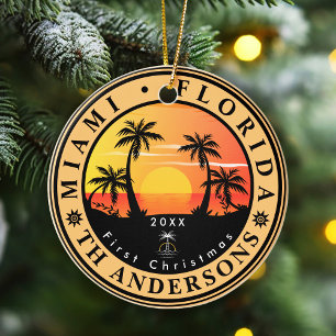 Miami Beach Florida Retro Sunset Palm Tree 80s Ceramic Ornament