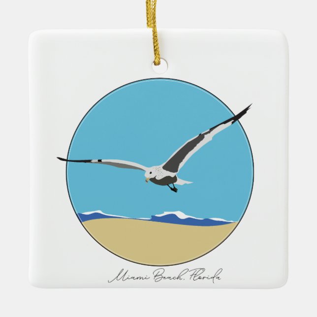 Miami Beach, Florida Sea Gull over Beach  Ceramic Ornament (Front)