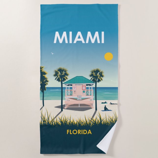 Miami Beach Florida Vintage Travel Beach Towel (Front)