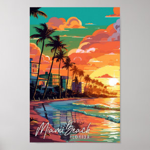 Miami Beach Florida vintage travel illustration Poster