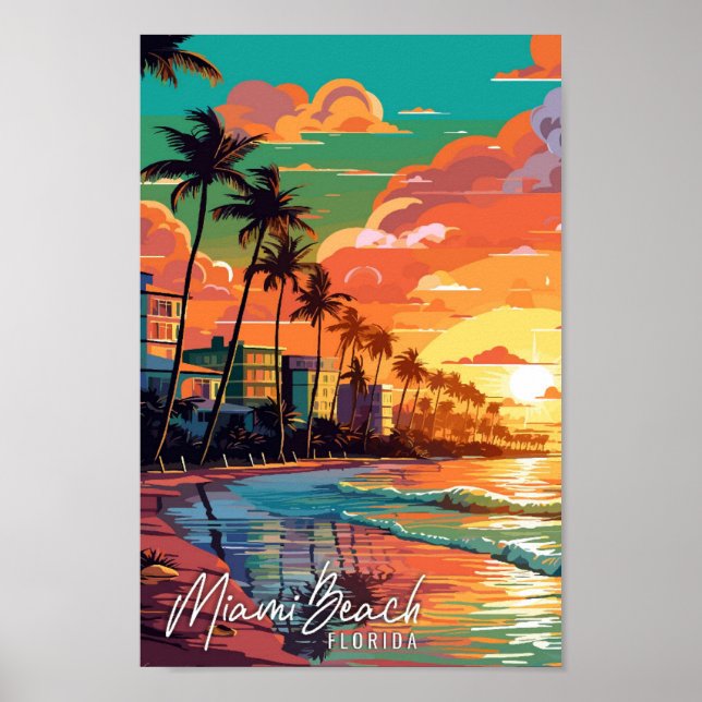 Miami Beach Florida vintage travel illustration Poster (Front)