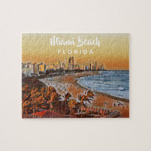 Miami Beach Florida Vintage Watercolor Art Jigsaw Puzzle