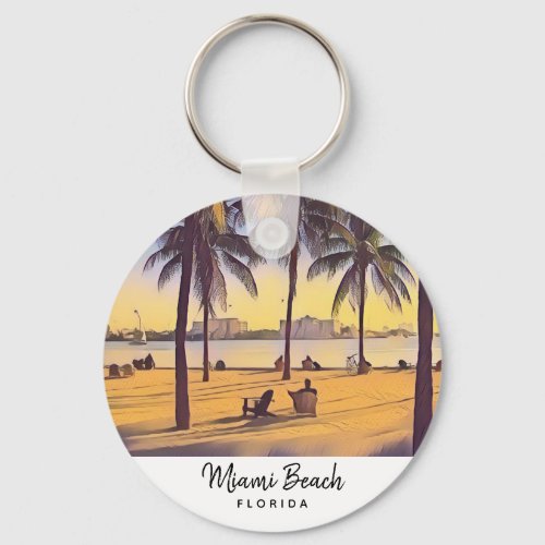 Miami Beach Florida Vintage Watercolor Art Keychain