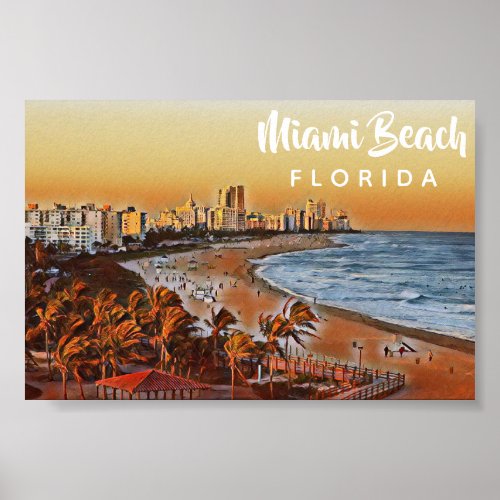 Miami Beach Florida Vintage Watercolor Art Poster