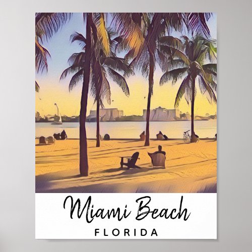 Miami Beach Florida Vintage Watercolor Art Poster