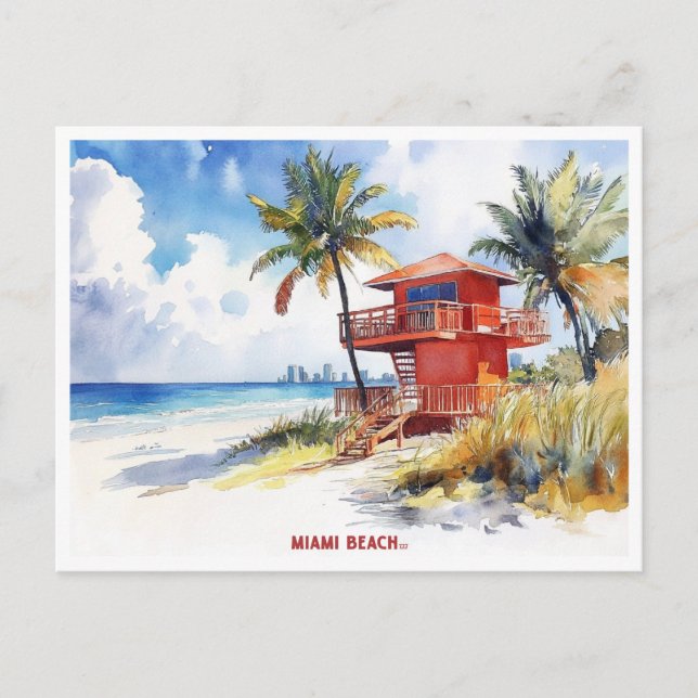 Miami Beach, Florida watercolor painting postcard (Front)
