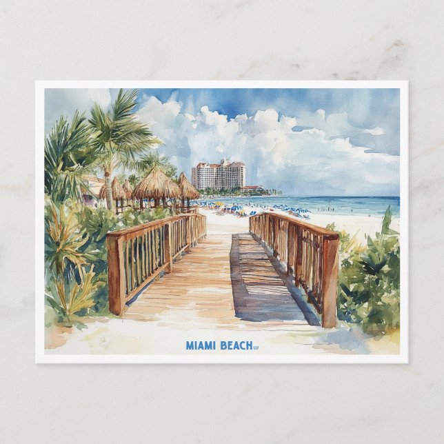 Miami Beach, Florida watercolor painting postcard (Front)