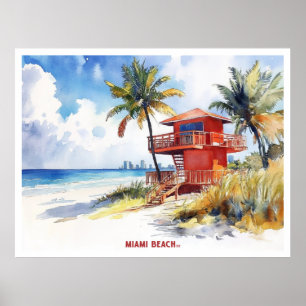 Miami Beach, Florida watercolor painting postcard Poster