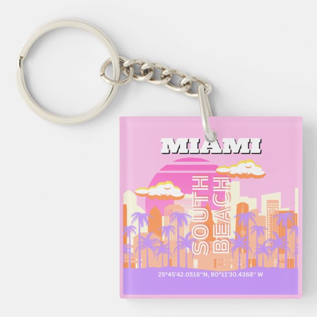 Miami Beach, Miami Travel Art, Preppy Room, Pink Keychain (Front)