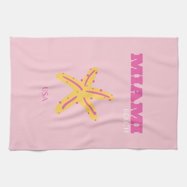 Miami Beach, Miami Travel Art, Preppy Room, Pink Kitchen Towel (Horizontal)