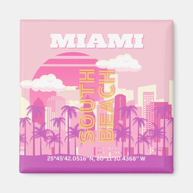 Miami Beach, Miami Travel Art, Preppy Room, Pink Magnet (Front)