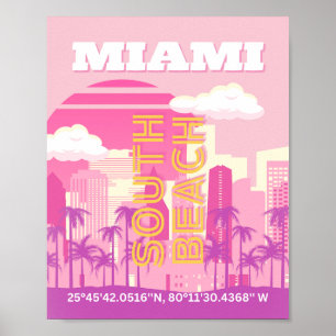 Miami Beach, Miami Travel Art, Preppy Room, Pink Poster