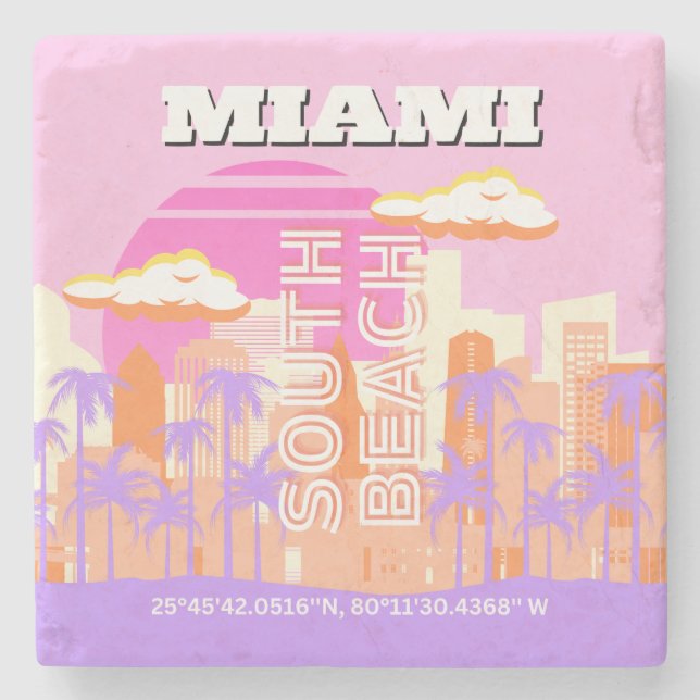 Miami Beach, Miami Travel Art, Preppy Room, Pink Stone Coaster (Front)