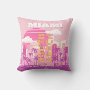Miami Beach, Miami Travel Art, Preppy Room, Pink Throw Pillow