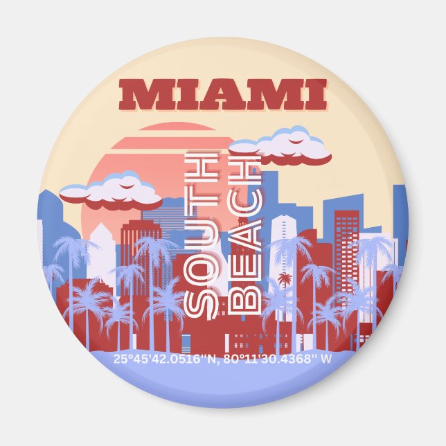 Miami Beach, Miami Travel Art, Retro Magnet (Front)