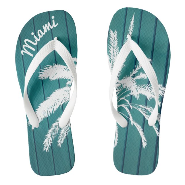 Miami Beach Palm Trees Blue and White Flip Flops (Footbed)