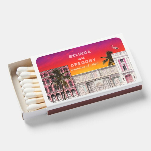 Miami Beach Rainbow Row Charleston Palm Wedding Matchboxes (Front Open)