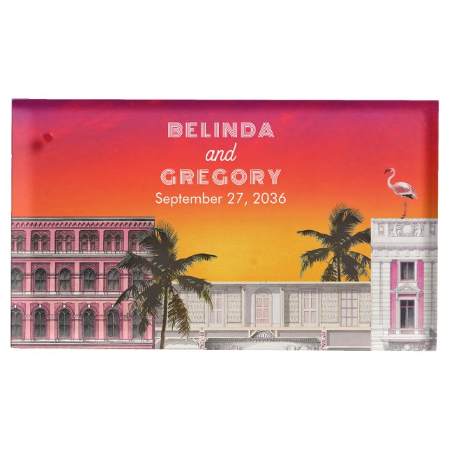 Miami Beach Rainbow Row Charleston Palm Wedding Place Card Holder (Front)