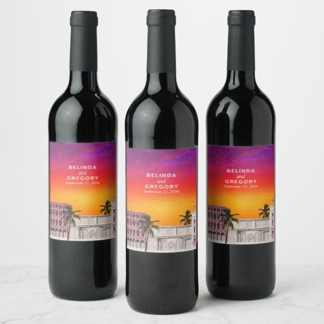 Miami Beach Rainbow Row Charleston Palm Wedding Wine Label (Bottles)