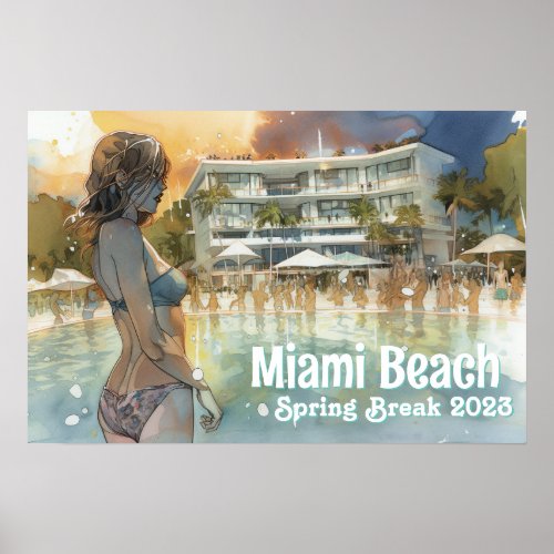 Miami Beach Spring Break Girl in Pool Watercolor Poster