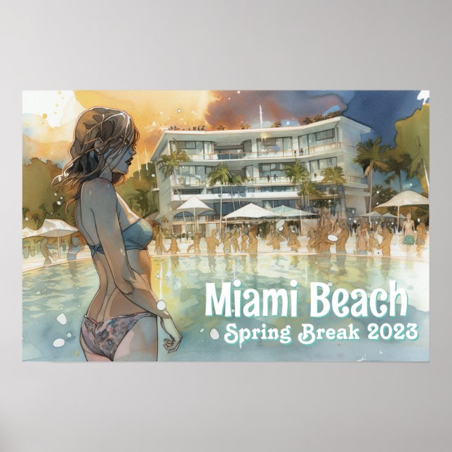Miami Beach Spring Break Girl in Pool Watercolor Poster (Front)