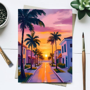 Miami Beach Sunset   Ocean Florida Watercolor Postcard