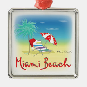Miami Beach with Santa Hat, Palms Metal Ornament