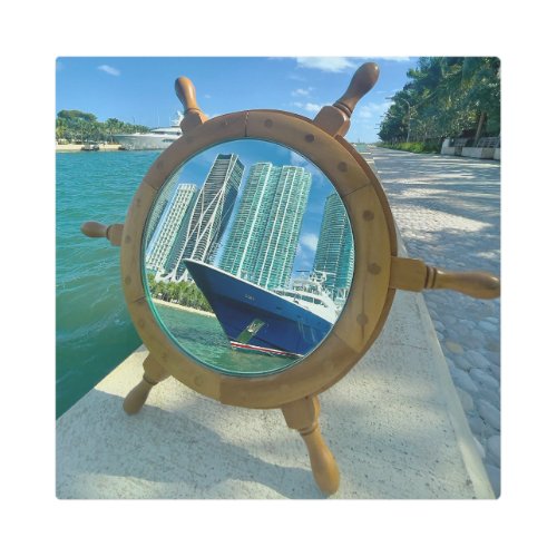 Miami Beach Yacht Wheel Mirror Metal Print