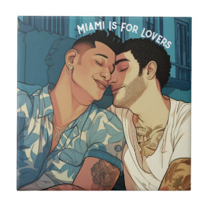 Miami Downtown Gay Men Cuddling Illustration Gift Ceramic Tile