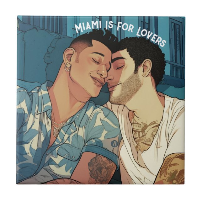 Miami Downtown Gay Men Cuddling Illustration Gift  Ceramic Tile (Front)