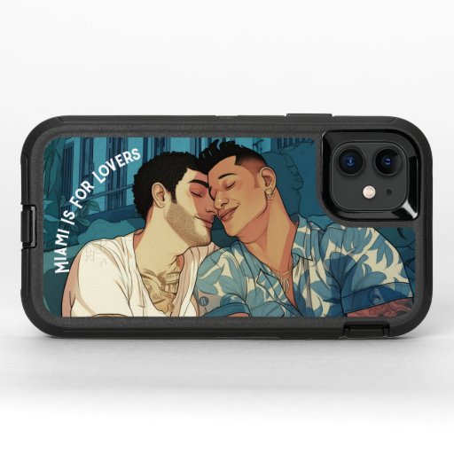 Miami Downtown Gay Men Cuddling Illustration OtterBox Defender iPhone 11 Case