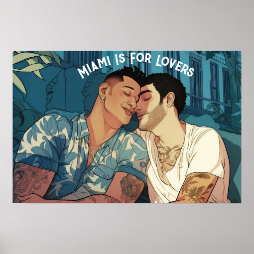 Miami Downtown Gay Men Cuddling Illustration Poster Zazzle