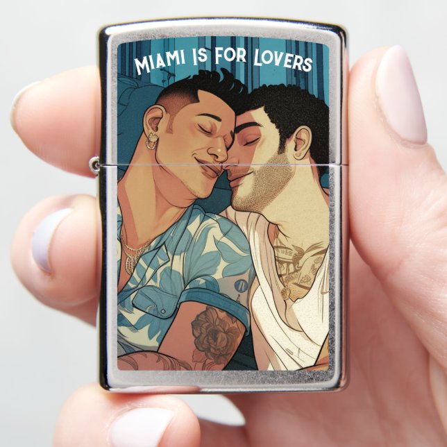 Miami Downtown Gay Men Cuddling Illustration Zippo Lighter (In Hand)