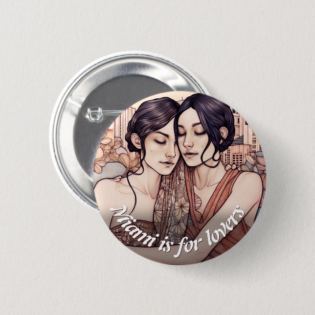 Miami Downtown Women Cuddling Lesbians Drawing Button (Front & Back)
